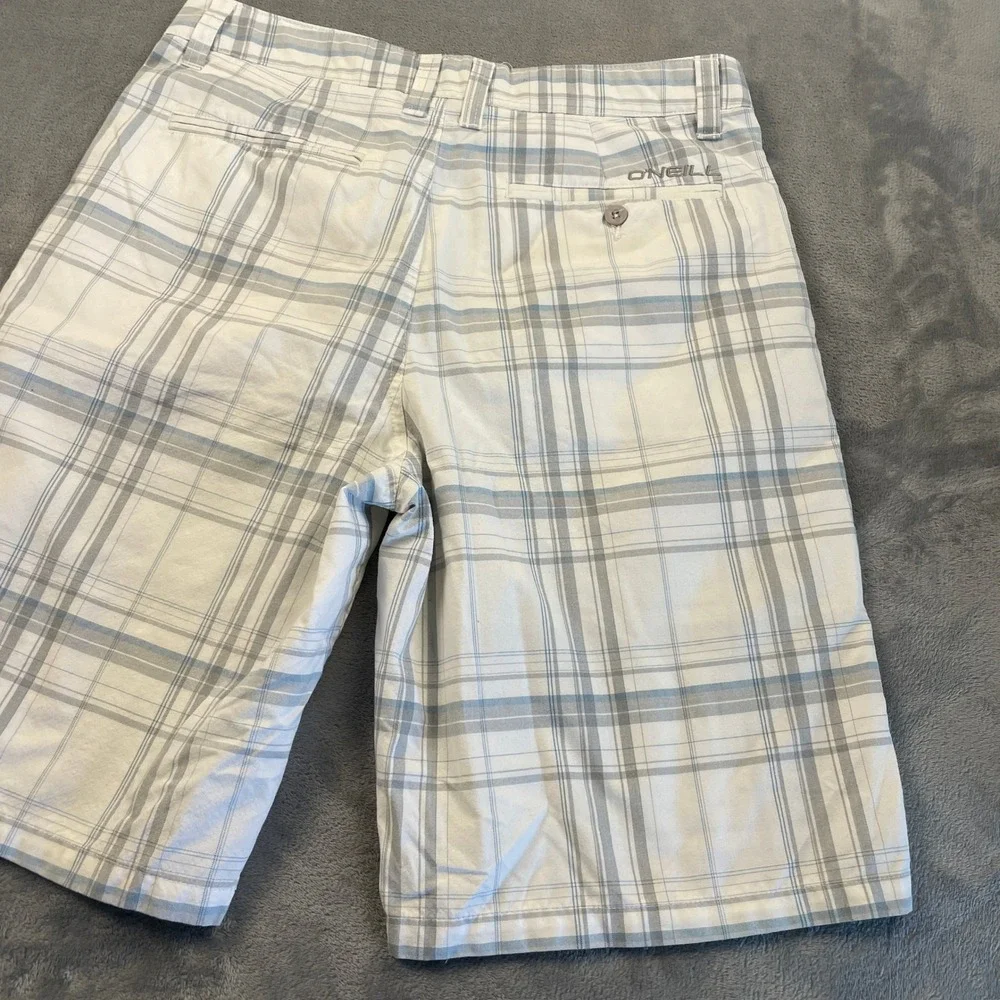 ONeill Men's Plaid Shorts Size 32 White Grey Blue First In Last Out Flat Front